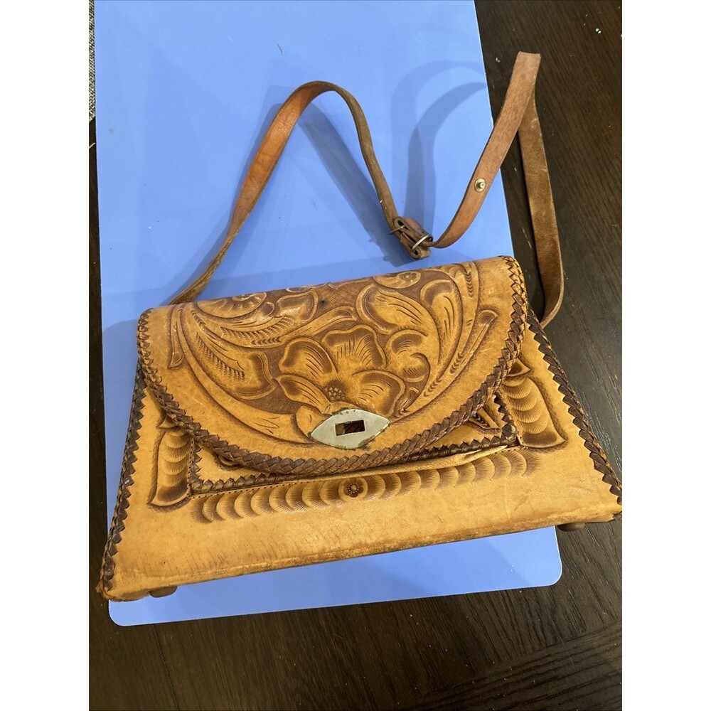 Mexico Hand Tooled Boho Leather Shoulder Crossbody Bag Western Artisan Rustic
